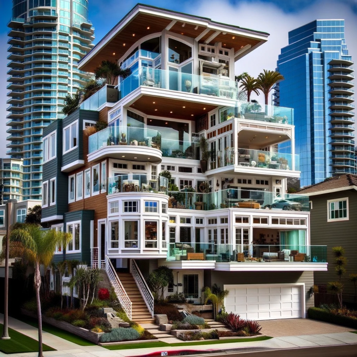 Multistory residence in San Diego featuring large windows and glass doors, with modern skyscrapers in the backdrop.