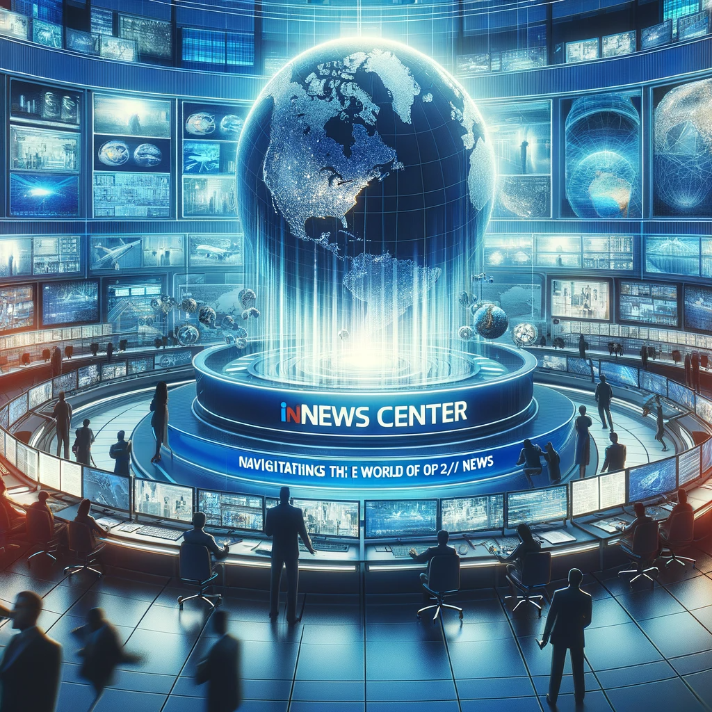 An illustration of a futuristic newsroom, 'InNews Center', with screens showing global news, journalists at work, and advanced technology, depicting a 24/7 news cycle.